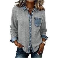 Fall New Women's Patchwork Denim Twisted Knit Cardigan Turn-down Collar Button Casual Top XXL pilka spalva