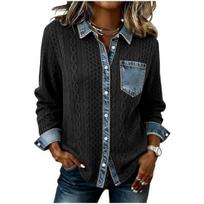 Fall New Women's Patchwork Denim Twisted Knit Cardigan Turn-down Collar Button Casual Top L juoda