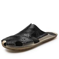 JAHSEH Natūralios odos vyriškos šlepetės Rankų darbo Slip On Crocodile Grain Stilius Vasariniai vyriški laisvalaikio batai Neslystantys lauko vyriški paplūdimio batai 48 black