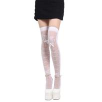 Japanese Style Ultra-Thin Sheer Thigh High Socks Cute Bowknot Crisscross Patterned Over Knee Long Stockings for Womens 1 balta