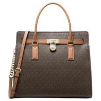 MICHAEL KORS Hamilton Moderne Presbyopia printed metal accessories tote bag, artificial leather, crossbody handbag, large size, women's dark brown auksas