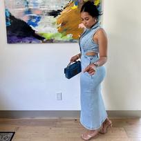 Women's Collar Sleeveless Midi Denim Dress Slim Cutout Slit Bodycon Dress Summer Streetwear XL mėlyna