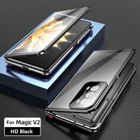 For Honor Magic V2 MagicV2 Anti-Spy HD 9H Dvigubo grūdinto stiklo apsauginis dangtelis Lydinio metalinis rėmelis Buferis Magnetinis atverčiamas dėklas For Magic V2 white