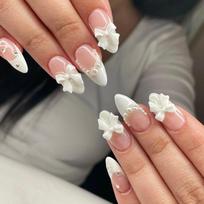 24Pcs White French Short Almond Press On Nails With 3D Bowknot Pearl Polka Dot Decor Glossy False Nails gray