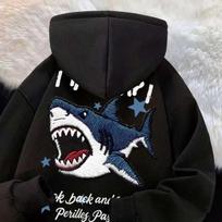 Oversized Shark Embroidery-Style Hoodie Men Women Winter Thick Fleece Lined Streetwear Casual Sweatshirt XL 130-150 lbs black