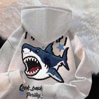Oversized Shark Embroidery-Style Hoodie Men Women Winter Thick Fleece Lined Streetwear Casual Sweatshirt XXXL 170-190 lbs gray