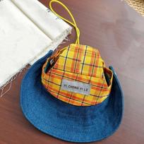 Adjustable Pet Sun Protection Denim Hat Breathable with Ear Hole Dog Fisherman Hat Lightweight Checkered Cat Sunscreen Hat yellow