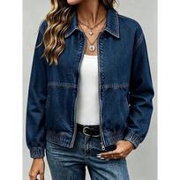 Women S Short Lapel Zipper Denim Print Loose Jacket M tamsiai mėlyna spalva