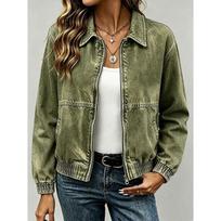 Women S Short Lapel Zipper Denim Print Loose Jacket M žalia