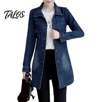 Coat Turn-Dwon Collar Flap Pockets Denim Jacket Shrink Long Women Resistant Irregular Hem Streetwear 4XL tamsiai mėlyna spalva