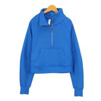 LULU Scuba Hoodie: Embroidered High-Neck Fleece-Lined Half-Zip Jacket for Running or Yoga. Size 6/L blue