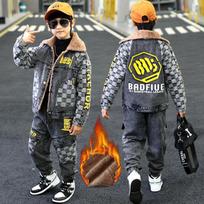 Winter Boys Denim Outfit Plus Velvet Thick Lapel Warm Chic Denim Jacket + Jeans Outfit 130 ruda