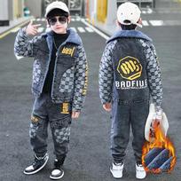 Winter Boys Denim Outfit Plus Velvet Thick Lapel Warm Chic Denim Jacket + Jeans Outfit 110 mėlyna
