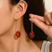European and American jewelry, retro Hong Kong style design inlaid amber stone earrings, versatile long pendant earrings, earrings. brown