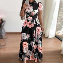 Vasarinė ilga suknelė su gėlėmis Elegantiška suknelė Tunika Maxi Suknelė Moteriška vakarinė suknelė Suknelė nuo saulės L black