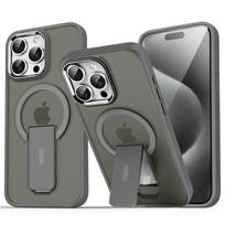 Prabangus Magsafe sulankstomas stovas Magnetinis telefono dėklas, skirtas iPhone 16 15 14 Plus 13 12 11 Pro Max Matinis permatomas galinis dangtelis For iPhone 12 Pro&Case & Holder pilka spalva