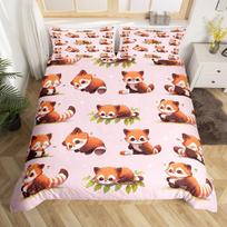 Mielas Raudonosios Pandos Antklodės Užvalkalas Karališko Dydžio, Rožinis Meilės Žvaigždžių Patalių Komplektas Kawaii Animaciniai Gyvūnai Antklodės Užvalkalas Mergaitiškas Saldus Dygsniuotos Antklodės Užvalkalas AU Single(140x210cm)