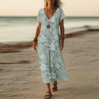 Vasaros suknelė Moteriška ilga Boho paplūdimio suknelė Elegantiška Maxi suknelė V formos iškirpte Trumpomis rankovėmis Vasarinė tunikos suknelė Lengva, orui laidi XXL žalia