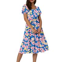Women's Summer Floral Print Short Sleeves Neck Waistband Bohemian Flowy Maxi Dress With Pockets L blue