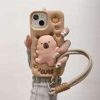 3D gyvūno animacinis stiliaus kapibara minkšto silikono telefono dėklas, skirtas iPhone 16 15 14 13 12 Pro Max 16pro, smūgiams atsparus dėklas su riešo dirželiu For iPhone 16 Pro