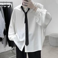 Korean Style Casual Loose Single Breasted Long Sleeve Shirt for Men Free Black Tie Included Comfortable Blouse for Harajuku Daily Wear Asia XL gray
