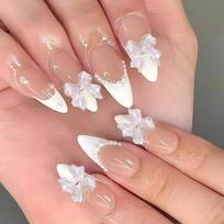 24pcs White French Pearl Butterfly Knot Press-on Nails Nude Tip Almond Shape Women Gel Adhesive Jelly Glue Options Gel Adhesive Type white