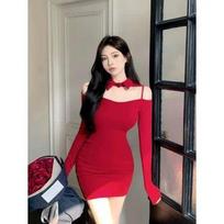 French temperament Spice girl red long-sleeved dress women's spring new slim and thin niche fashion hip skirt XL raudona