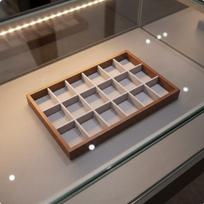 Velvet Jewelry Display Tray Peach Wood Finish Stackable Storage for Closet, Dresser Top Walnut 18 Grids beige