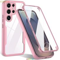 360 dvipusė pilnos apsaugos telefono dėklas, skirtas Samsung Galaxy S26 S25 S24 S23 S22 Ultra Plus FE S25Edge, plonas, skaidrus galinis dangtelis Galaxy S26 Ultra rožinė