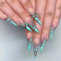 24 Pcs Long Pointed Coffin Press On Nails Pink Smudged Glitter Reusable Full Cover False Nail Art Tips blue