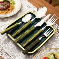 5Pcs/Set Imitation Bamboo Handle Cutlery Set Knife Cake Fork Spoon Dinnerware Stainless Steel Flatware Kitchen Tableware Set