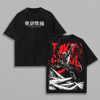 Japan Kaneki Ken Graphic T Shirt Tokyo Ghoul Anime Harajuku Washed T-shirt Men Women Clothing Oversized Polyester Short Sleeve Tees XL juoda