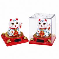 Lucky Cat Figurine Solar Powered Waving Ornament for Car Dashboard Home Office Desk Decor Blue White Porcelain Fortune Gift