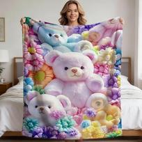 Mielas meškiukas ir gėlių pledas, minkštas vilnos užtiesalas vaikų sofai-lovai, spalvingas gėlių raštas, šilta žiemos dekoro dovana 150cm*220cm