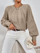 European Style Lantern Sleeve Cable Knit Sweater - Women's Round Neck Loose Pullover Knitwear (2026) gray