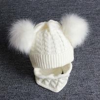 2 vnt. / rinkinys Kūdikių megztos kepuraitės šalikas su dvigubu pomponu šiltu kepurės šalikai vaikams žiemos sukamas beanie rinkinys balta