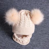 2 vnt. / rinkinys Kūdikių megztos kepuraitės šalikas su dvigubu pomponu šiltu kepurės šalikai vaikams žiemos sukamas beanie rinkinys smėlis