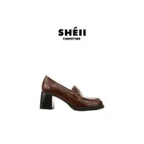 Cowhide~ 7cm thick-heeled British leather one-pedal lazy women's high-heeled small leather shoes 40 black