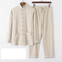 Cotton Linen Hanfu Men Chinese Top Pant Kung Fu Clothing Blouse Party Male Tang Suit Male Chinese Traditional Clothes M smėlis