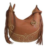 MICHAEL KORS Rhea Logo Charm Gold Hardware Leather Crossbody Shoulder Bag Women's Brown auksas