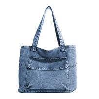 Simple Solid Color Washed Denim Shoulder Bags for Women Versatile Portable Student Handbag Casual Large Capacity Ladies Tote Bag šviesiai mėlyna spalva