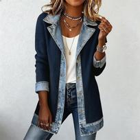 Women's Fashion Denim Patchwork Knit Jacket with Lapel Collar for Casual Wear L tamsiai mėlyna