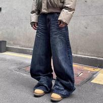 Mens Relaxed Fit Wide Leg Straight Cut Denim Jeans With Washed Finish Multiple Pockets Medium mėlyna