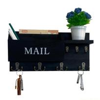 QX2E Wooden Wall Mounted Mail And With Multiple Hooks For Home Use black
