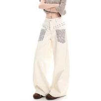 High Street Wide Leg Denim Pants With Leopard Print Patchwork Studs Unisex Loose Fit Dragging Trousers Large abrikosas