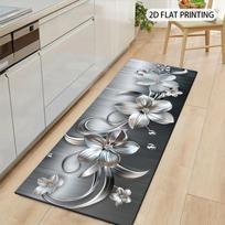 1 vnt. Metalinės tekstūros gėlių rašto neslystantis skalbiamas kilimas-takelis prieangiu, svetainei, miegamajam ir terasai 40X120cm