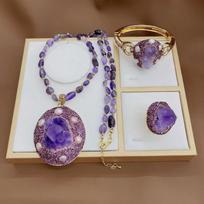 Natural Amethyst Crystal Jewelry Set Women Heart Drop Bell Pendant Necklace Earrings Bracelet With Rhinestone Accents Purple gray