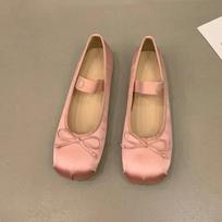 Women Luxury Satin Silk Ballet Shoes Classic Square Toe Bowtie Elastic Band Ballerina Flats Loafers 36 rožinė
