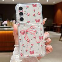Samsung S25 Ultra S24 FE S23 S22 A56 A36 A16 A55 dėklas su banteliu, gėlių raštu, kortelių skyriumi, minkštas silikoninis, plonas, smūgiams atsparus, skaidrus telefono dėklas Samsung A52 skaidri