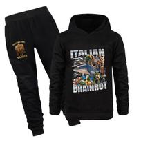 Tralalero Tralala tung tung tung Juokingas itališkas smegenų puvinys Vaikams Berniukams Hoodies+Kelnės 2 vnt. Rinkinys Mergaitėms Sportinis kostiumas Vaikų apranga 150 black